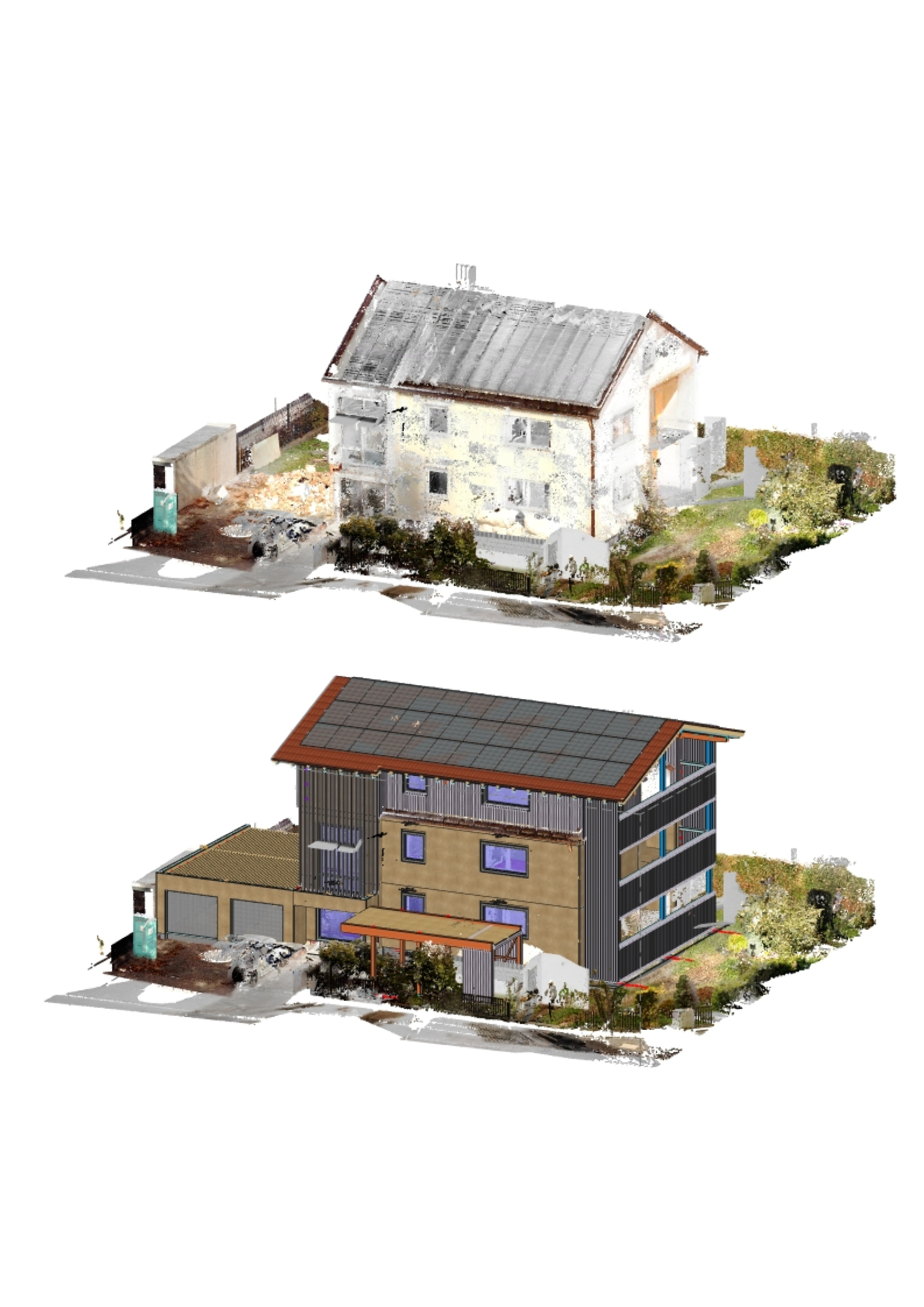 CAD 3D-Modell von Bestandsaufmaß und Planung sanierter Fassade
